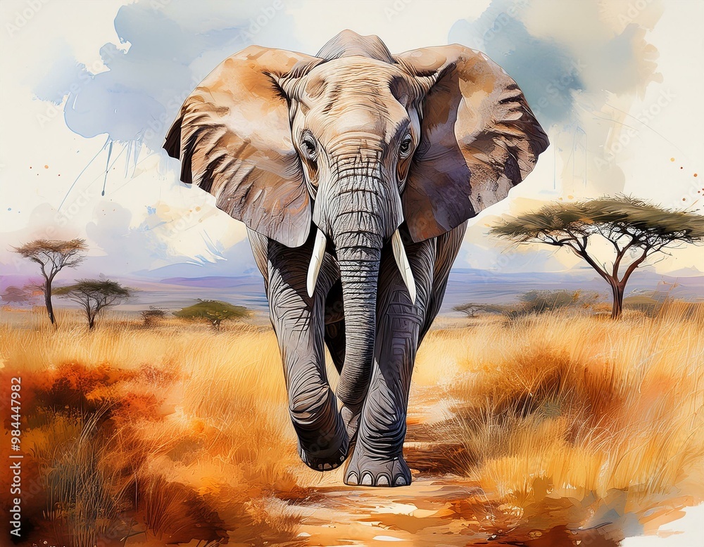 Fototapeta premium Stunning illustration of an elephant walking through the African savannah, surrounded by acacia trees and warm, vivid colors.