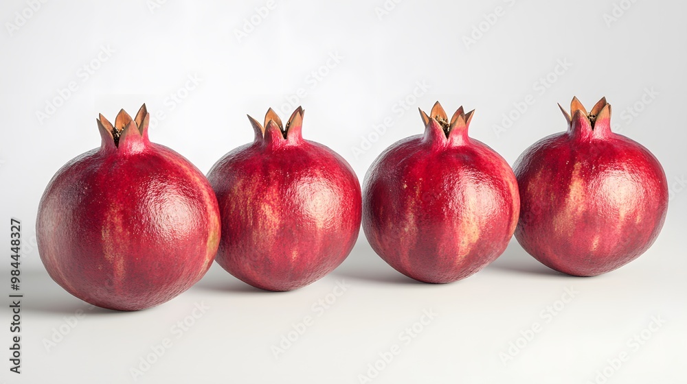 Realistic display of whole pomegranates on a white background, emphasizing their textured red skin and slightly glossy surface Realistic display of whole pomegranates on a white background, emphasizing their textured red skin and slightly glossy surface