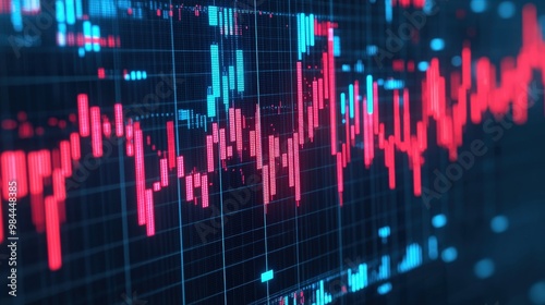 A vibrant visualization of data trends, featuring a blend of blue and red lines depicting fluctuations over a dark grid background, Business and Market volatility concept.