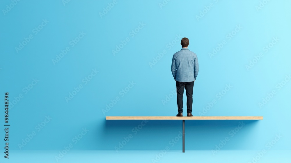 A solitary figure stands on a narrow ledge against a blue wall, symbolizing balance, risk, and contemplation in an abstract setting, Business and Market volatility concept. A solitary figure stands on a narrow ledge against a blue wall, symbolizing balance, risk, and contemplation in an abstract setting, Business and Market volatility concept.