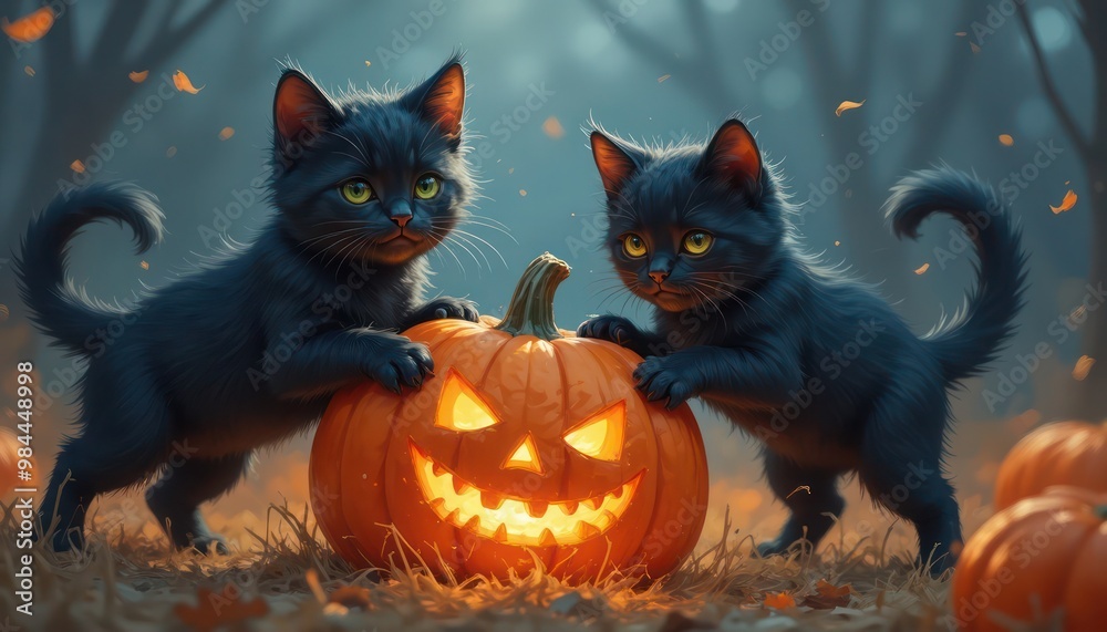 Halloween banner featuring a cute blak cats Halloween attributes, small pumpkins on orange and black background Halloween banner featuring a cute blak cats Halloween attributes, small pumpkins on orange and black background