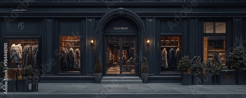 A luxurious dark grey exterior furrier, specializing in custom fur coats and accessories, located in a high-end fashion district photo