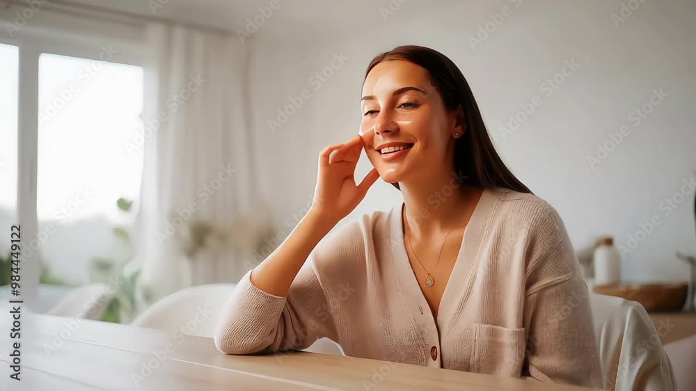 Anti aging beauty, happy young woman sitting at table in morning after shower looking at mirror at home touching face skin turning head blinking satisfied with healthy moisturized dry skin care cosmet
