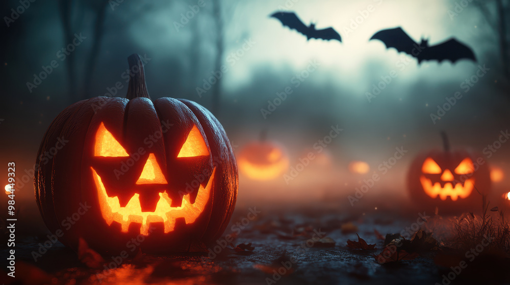 Glowing Jack o lanterns with intricate designs illuminate foggy Halloween night, surrounded by bats flying in eerie atmosphere Glowing Jack o lanterns with intricate designs illuminate foggy Halloween night, surrounded by bats flying in eerie atmosphere