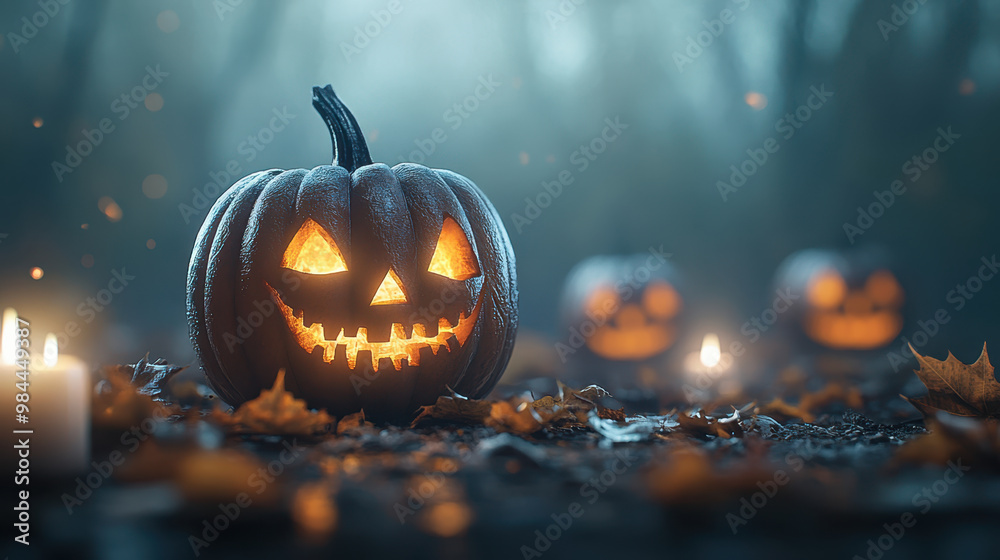 Fototapeta premium A glowing jack o lantern with intricate spooky designs sits among fallen leaves, creating an eerie Halloween atmosphere. soft light enhances mysterious vibe of scene