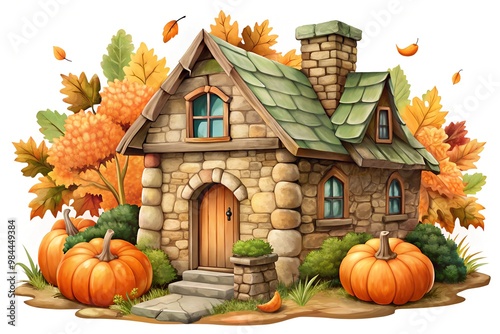 Enchanting Fairy Tale Cottage Adorned with Pumpkins in Autumn Setting