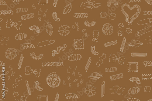 Seamless pattern of pasta of different shapes. Italian Cuisine. Pasta time. Pasta lover. Hand drawn. Great for menu design, banners, websites, packaging. Vector illustration EPS10 in doodle style.