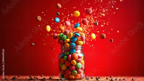Colorful Candies Exploding From Jar on Red Background advertise photography