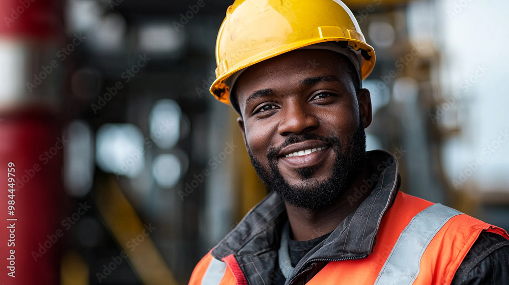 A cheerful construction worker with a hard hat and safety vest smiling confidently at the site, showcasing dedication and teamwork. A cheerful construction worker with a hard hat and safety vest smiling confidently at the site, showcasing dedication and teamwork.