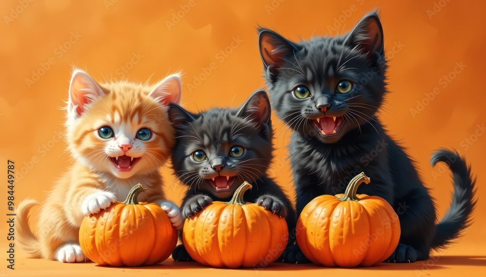 Halloween banner cute kittens on the orange background pumpkin Halloween banner cute kittens on the orange background pumpkin