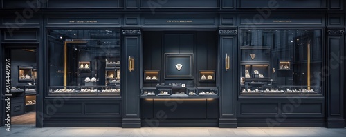 A luxurious dark grey exterior jewelry store, offering custom designs and private viewing appointments, set in a high-end shopping district photo