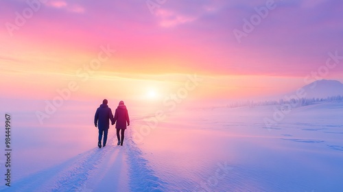 Couple Walking Hand in Hand on a Snowy Path During a Sunset