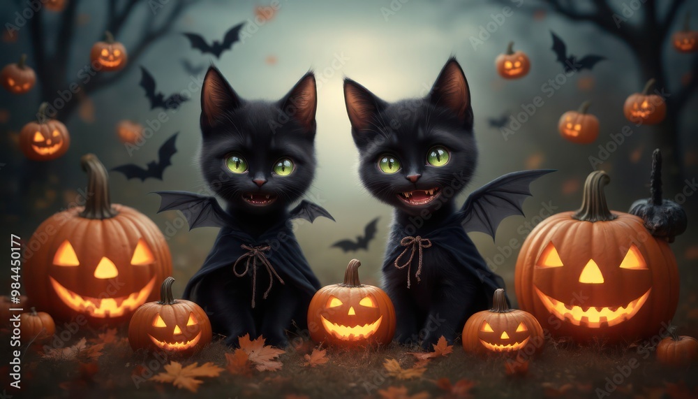 Halloween banner featuring a cute blak cats Halloween attributes, small pumpkins on orange and black background