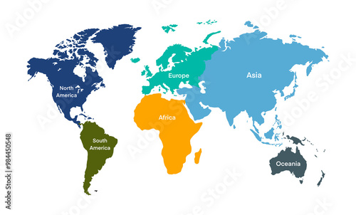 world map illustrating the continents with clear labels for North America, South America, Europe, Africa, Asia, and Oceania, educational and visually engaging map is ideal for geography lessons