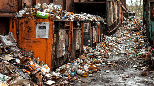 A cluttered waste site filled with trash and discarded materials, showcasing environmental pollution and neglect. photo