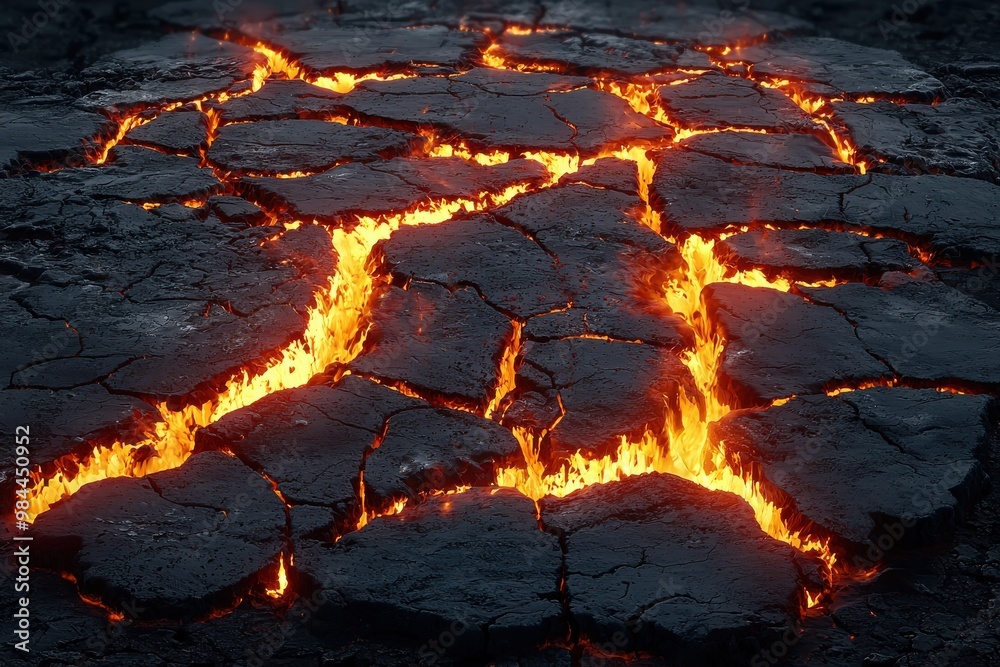Glowing cracks in volcanic rock with molten lava flowing through Glowing cracks in volcanic rock with molten lava flowing through
