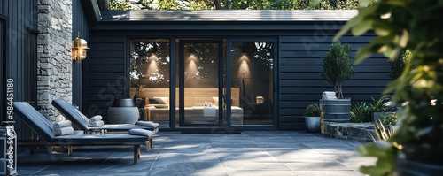 A luxurious dark slate grey exterior spa, offering bespoke wellness treatments and a serene ambiance, located in a tranquil seaside town photo