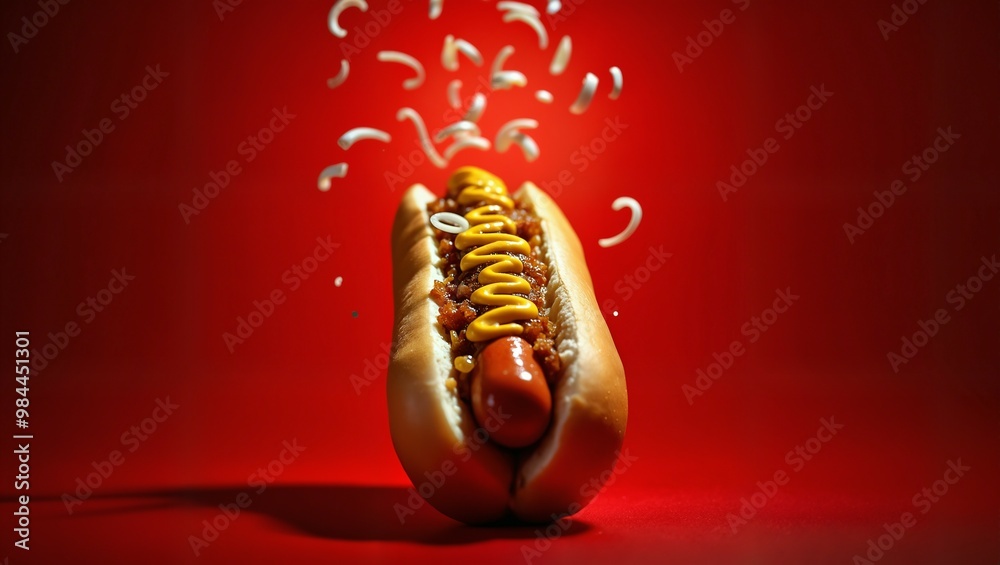 Hot Dog with Chili and Mustard on Red Background advertise photography Hot Dog with Chili and Mustard on Red Background advertise photography