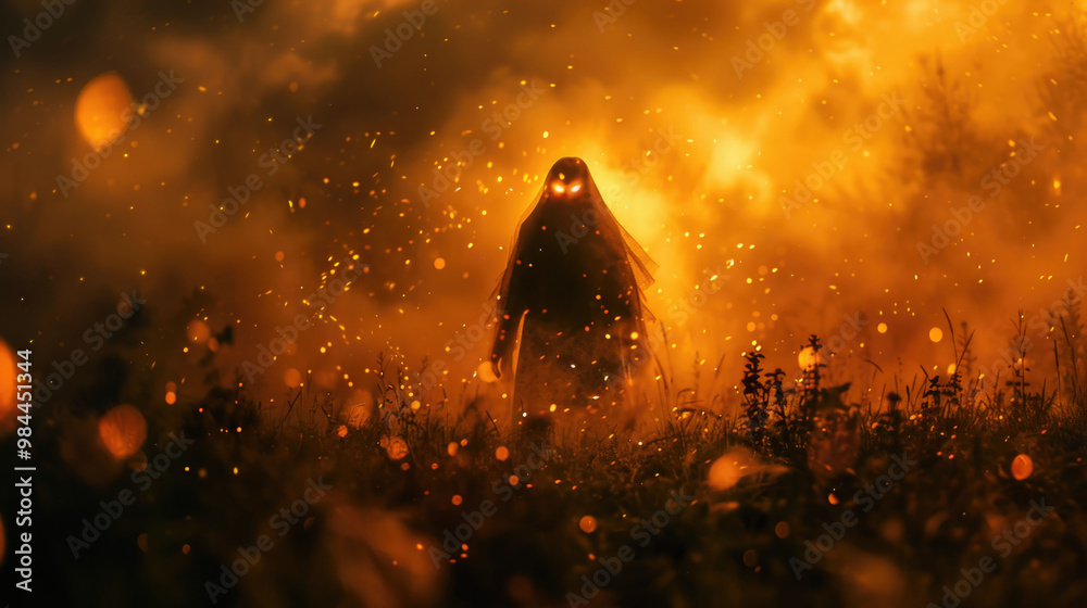 Obraz premium Mysterious hooded figure in an orange misty landscape