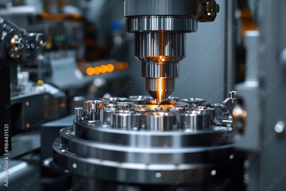 A detailed, high-angle view of a precision tool inspection process, showcasing modern machinery and meticulous attention to detail in a manufacturing setting A detailed, high-angle view of a precision tool inspection process, showcasing modern machinery and meticulous attention to detail in a manufacturing setting