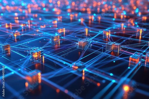 A visually striking 3D rendering of a supply chain network, featuring interconnected logistical nodes and efficient flow of products