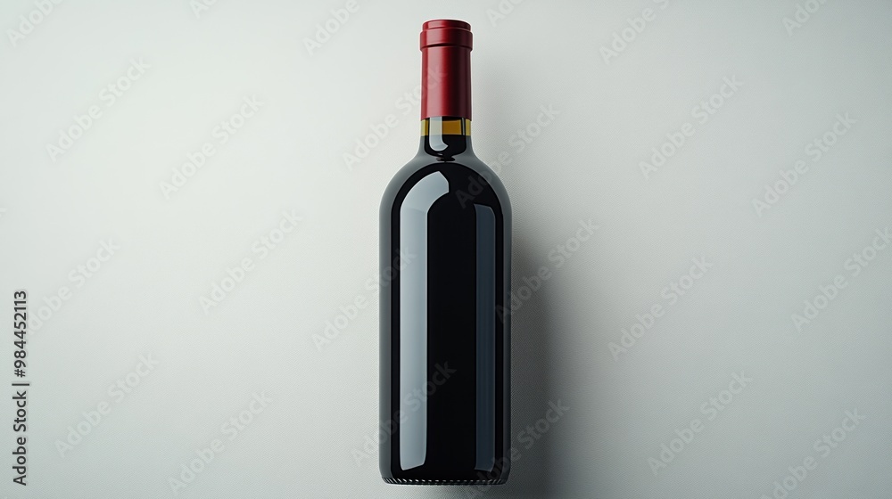 A dark wine bottle with a red cap on a light background. A dark wine bottle with a red cap on a light background.