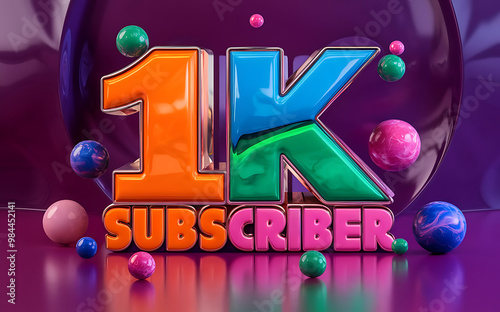 1k subscribe, 1000 followers card with vibrant 3D background. social banner happy celebration , blog. likes celebration. Social media poster