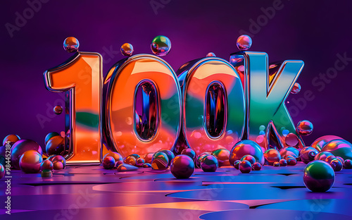 100k subscribe, followers card with vibrant 3D background. social banner happy celebration , blog. likes celebration. Social media poster