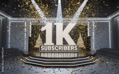 1k subscribe, 1000 followers card with vibrant 3D background. social banner happy celebration , blog. likes celebration. Social media poster