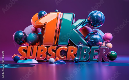 1k subscribe, 1000 followers card with vibrant 3D background. social banner happy celebration , blog. likes celebration. Social media poster photo