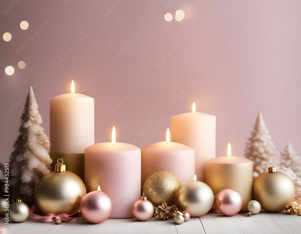 Pastel Pink & Gold Christmas Background with Seasonal Decorations & Candles background Pastel Pink & Gold Christmas Background with Seasonal Decorations & Candles background