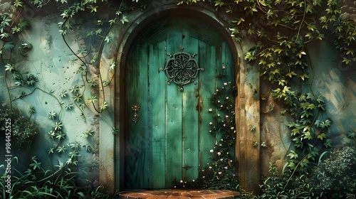 creative home/house door. Front view of house wooden door and frame .  Old cozy house entrance with wooden door and colorful flowers.