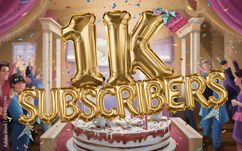 1k subscribe, 1000 followers card with vibrant 3D background. social banner happy celebration , blog. likes celebration. Social media poster
