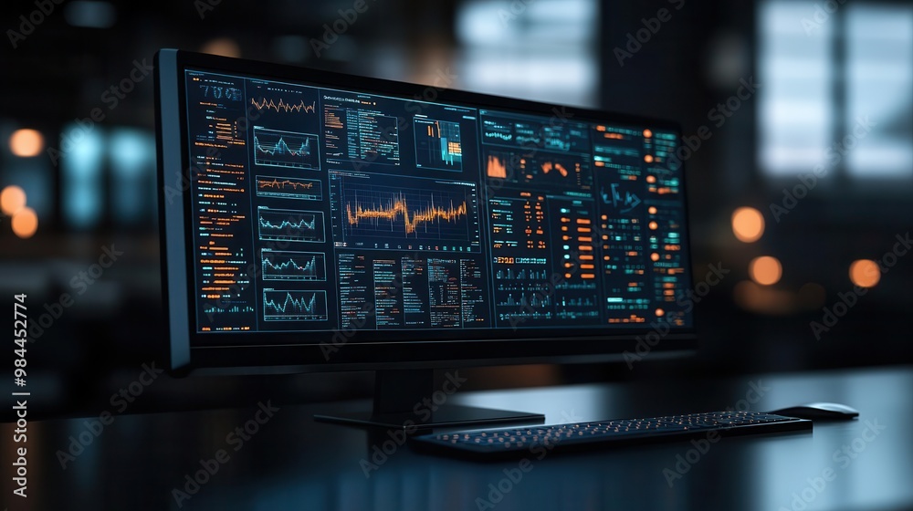 Capture a sleek, futuristic rear view of a computer screen projecting complex data analysis charts and graphs, ideal for a tech client, in a digital art style