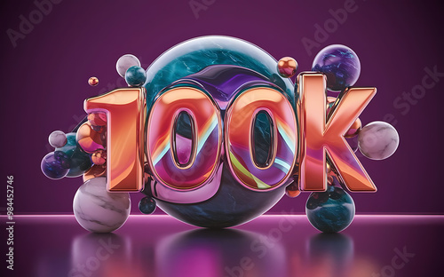 100k subscribe, followers card with vibrant 3D background. social banner happy celebration , blog. likes celebration. Social media poster