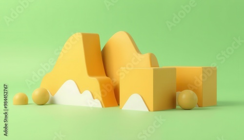 Abstract yellow and white 3D shapes on a green background.