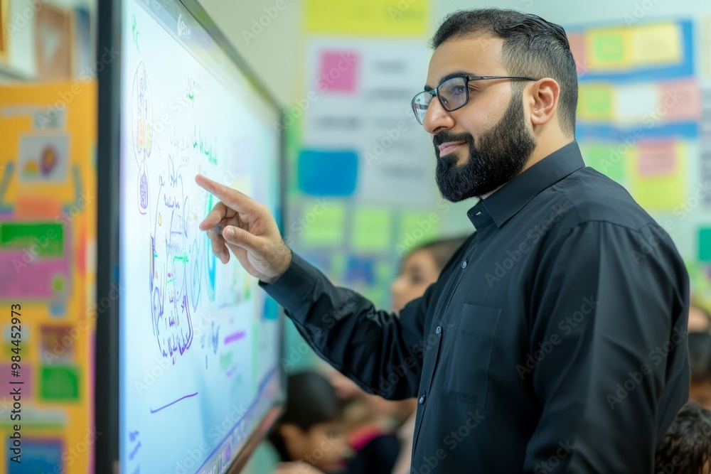 A teacher in front of a digital whiteboard explaining a concept in a classroom setting with colorful charts and student desks visible in the background. A teacher in front of a digital whiteboard explaining a concept in a classroom setting with colorful charts and student desks visible in the background.