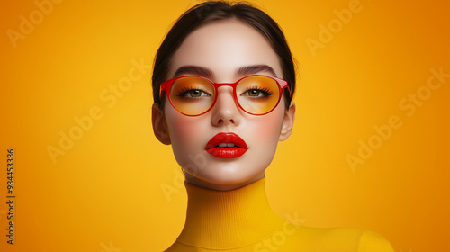 A beautiful woman wearing glasses and red lipstick poses for the camera against an orange background