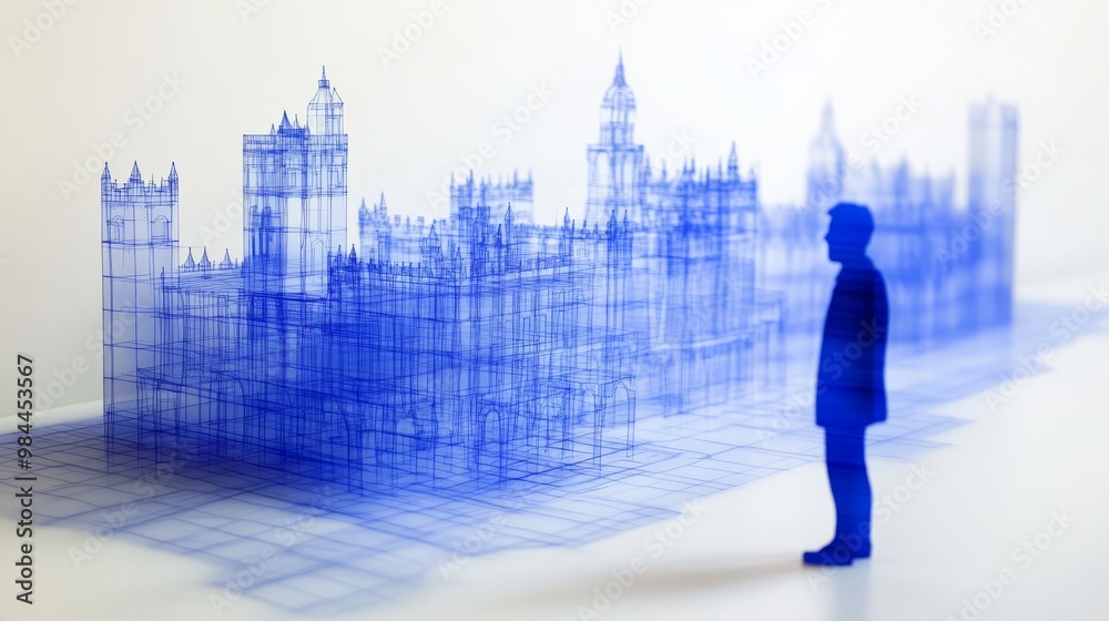 A translucent blue line drawing of a building with a silhouette of a person in front of it. A translucent blue line drawing of a building with a silhouette of a person in front of it.