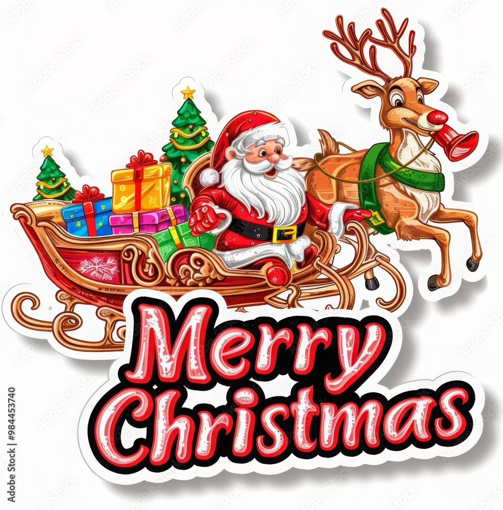 Fototapeta premium Stickers of Santa Claus in his sleigh pulled by reindeer, Santa Claus and Reindeer Delivering Christmas Presents, Christmas sticker, cut-out, png, clipping path