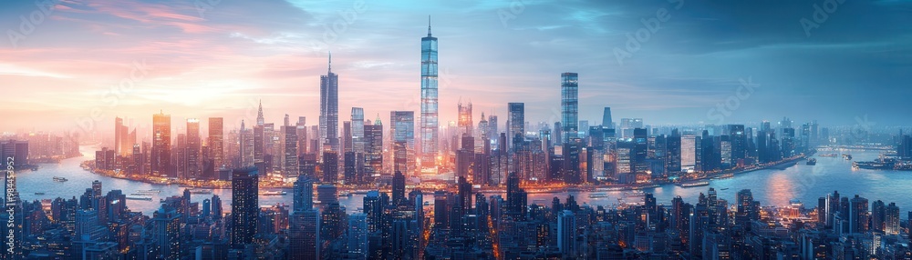 Craft an intricate 3D rendering of a cityscape at dusk, featuring illuminated skyscrapers representing the global reach of outsourcing Craft an intricate 3D rendering of a cityscape at dusk, featuring illuminated skyscrapers representing the global reach of outsourcing