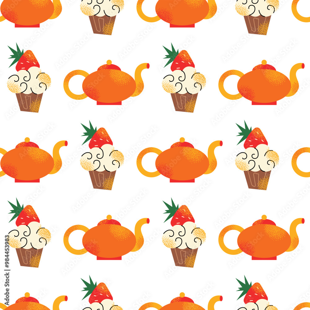 Seamless pattern afternoon tea stand food. Scones with jam, pie, cupcake, cakes and sandwich. Tea time elements. Tea Party Invitation. Vector illustration isolated on background Seamless pattern afternoon tea stand food. Scones with jam, pie, cupcake, cakes and sandwich. Tea time elements. Tea Party Invitation. Vector illustration isolated on background