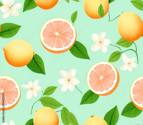 Seamless pattern of pomelo and fruits, pastel background.