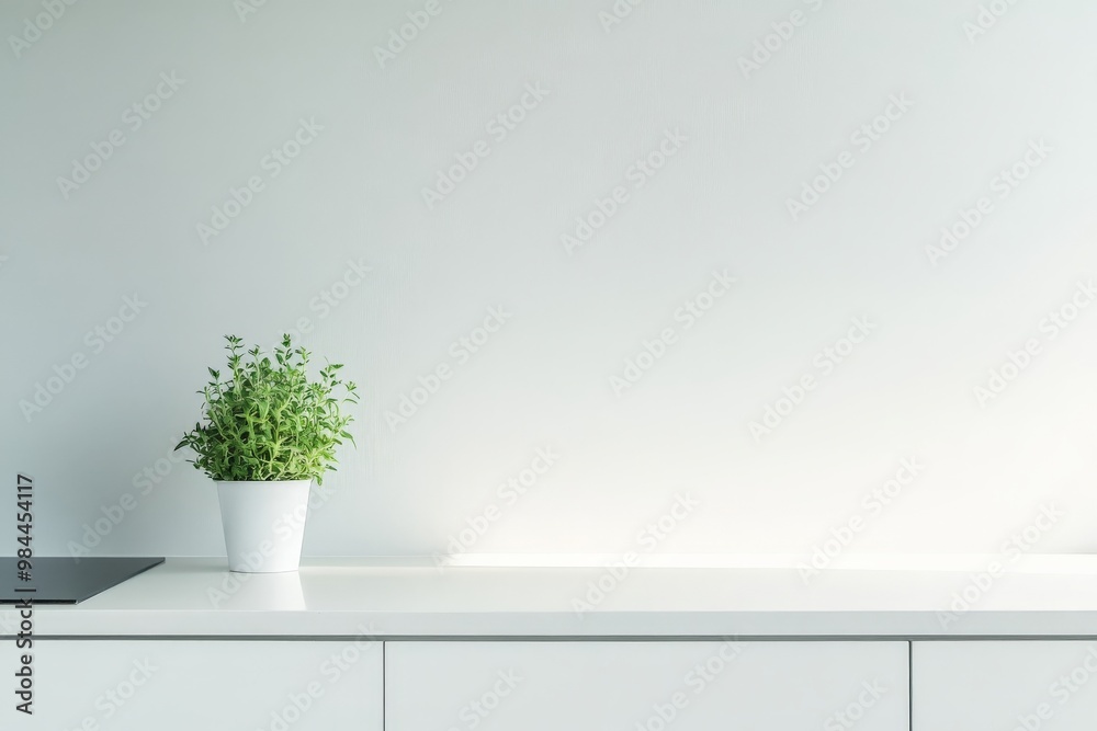 A minimalist kitchen design highlighted by a small potted green plant on a pristine white counter, evoking a sense of calm and simplicity with abundant natural light. A minimalist kitchen design highlighted by a small potted green plant on a pristine white counter, evoking a sense of calm and simplicity with abundant natural light.