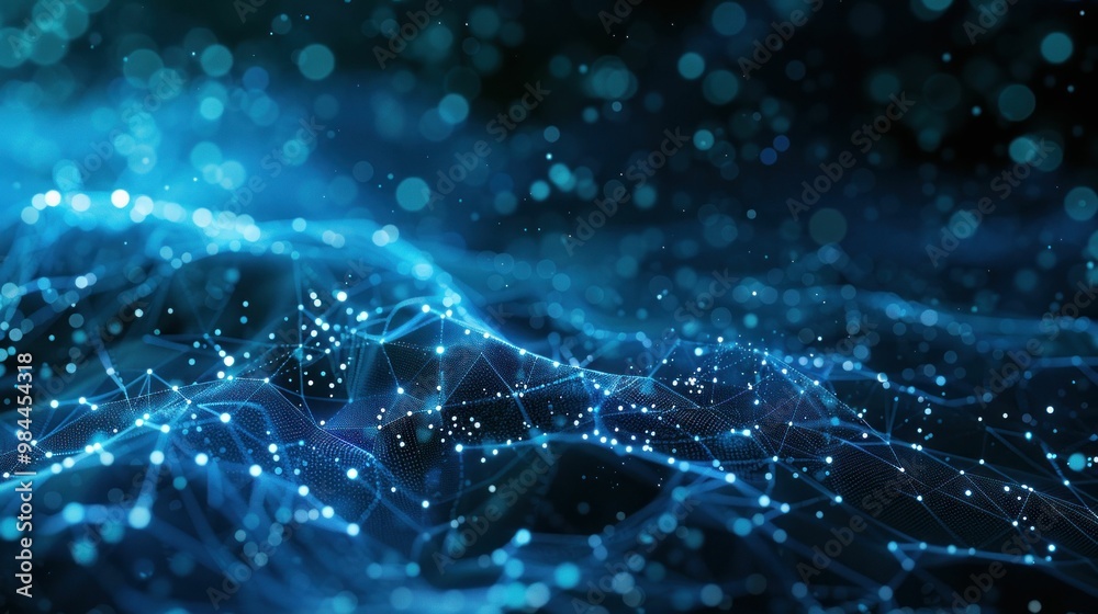 Abstract blue digital background with glowing particles, light spots, and network connections creating a sense of depth and technology Ideal for futuristic themes Abstract blue digital background with glowing particles, light spots, and network connections creating a sense of depth and technology Ideal for futuristic themes
