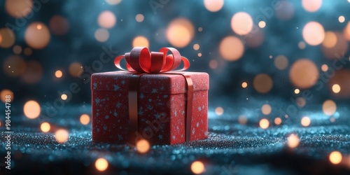 Christmas Gift Box with Bokeh Lights Background