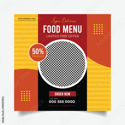 Fast food restaurant business marketing social media post or banner template design with abstract geometric background, modern food social media post