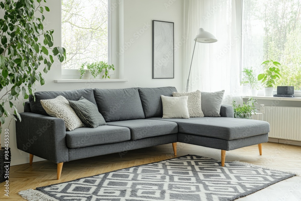Fototapeta premium A stylish living room showcasing a dark gray corner sofa accented with pillows, surrounded by fresh greenery, and a large window, complemented by a geometric gray and white rug.