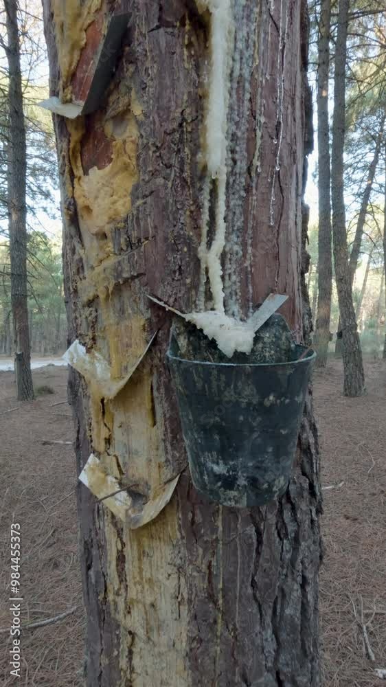 Resin extraction on a pine tree. Vertical 4k Video at 25 fps of an ...