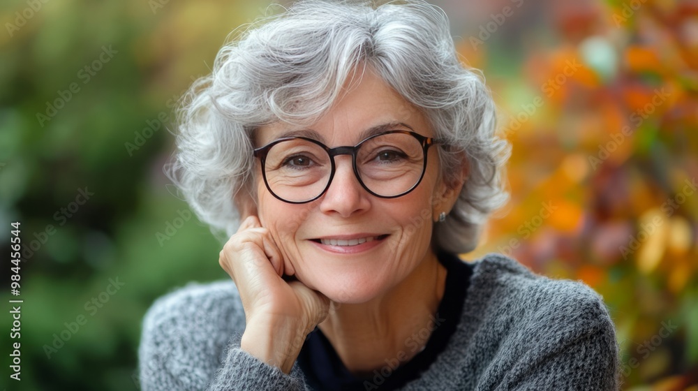 A woman with glasses is smiling and sitting on a bench A woman with glasses is smiling and sitting on a bench